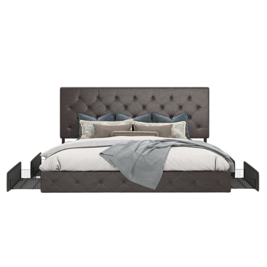 Brown faux leather queen bed with diamond-tufted headboard and four underbed storage drawers on wheels.

