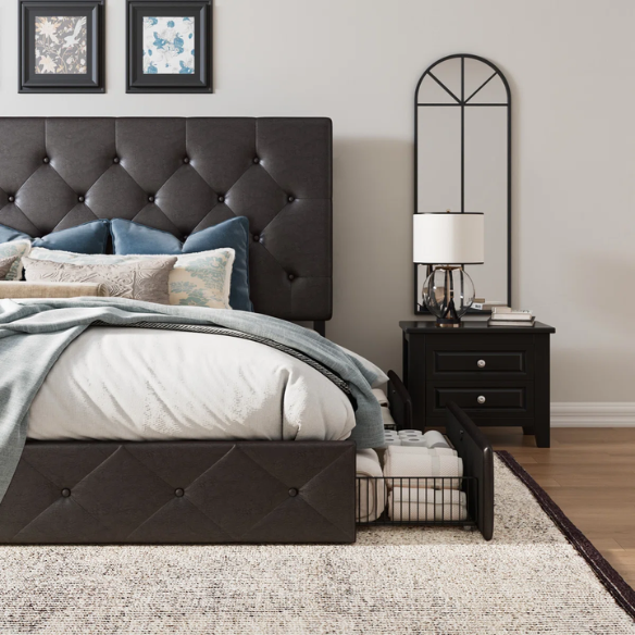 Brown faux leather queen bed with diamond-tufted headboard and four underbed storage drawers on wheels.

