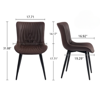 Set of 2 brown faux leather dining chairs with fishtail tufted backs and black metal legs, ideal for modern or rustic dining spaces.

