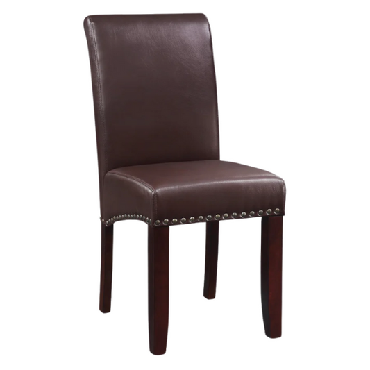Brown faux leather Parsons chair with scrolled back, antique bronze nailhead trim, and solid wood legs
