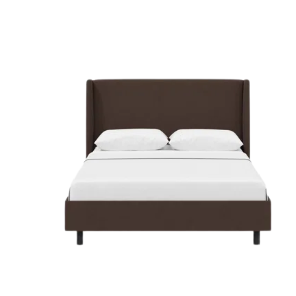 Brown king-size upholstered bed in velvet fabric with wingback headboard and low-profile black metal legs.

