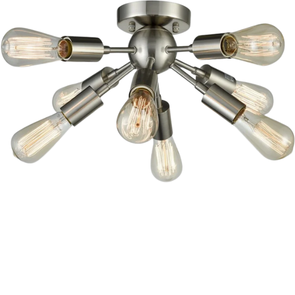 Brushed nickel 8-light Sputnik chandelier with exposed E26 bulbs and flush mount design, ideal for mid-century, Art Deco, and modern interiors

