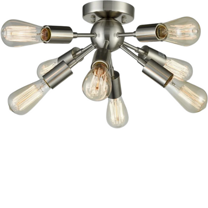 Brushed nickel 8-light Sputnik chandelier with exposed E26 bulbs and flush mount design, ideal for mid-century, Art Deco, and modern interiors

