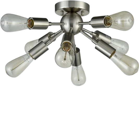 Brushed nickel 8-light Sputnik chandelier with exposed E26 bulbs and flush mount design, ideal for mid-century, Art Deco, and modern interiors


