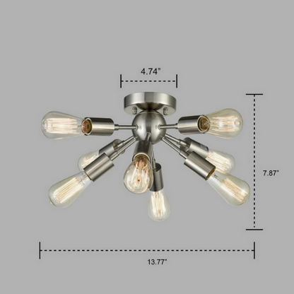 Brushed nickel 8-light Sputnik chandelier with exposed E26 bulbs and flush mount design, ideal for mid-century, Art Deco, and modern interiors

