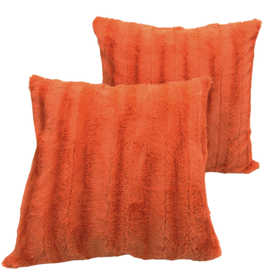 Set of two burnt orange faux fur throw pillows, 18x18 inches, square plush decorative cushions with microfiber fill—perfect for adding warmth and color to sofas, beds, and cozy spaces

