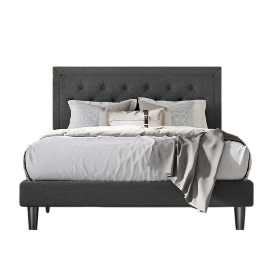 Charcoal grey upholstered queen bed with button-tufted adjustable linen headboard, 8-inch underbed clearance, and sturdy platform frame.

