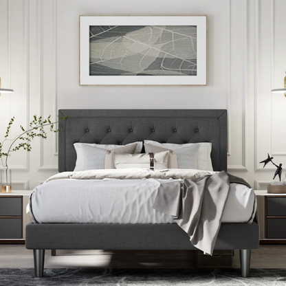 Charcoal grey upholstered queen bed with button-tufted adjustable linen headboard, 8-inch underbed clearance, and sturdy platform frame.

