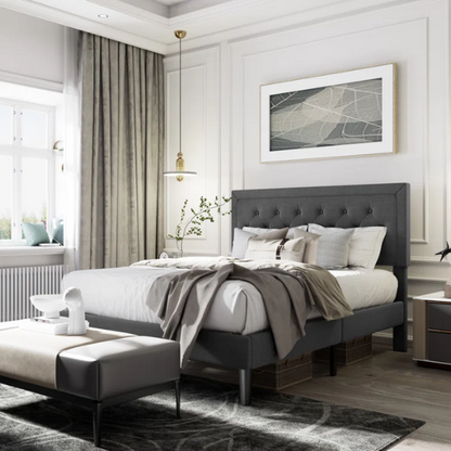 Charcoal grey upholstered queen bed with button-tufted adjustable linen headboard, 8-inch underbed clearance, and sturdy platform frame.

