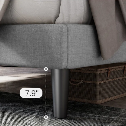 Charcoal grey upholstered queen bed with button-tufted adjustable linen headboard, 8-inch underbed clearance, and sturdy platform frame.

