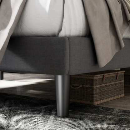 Charcoal grey upholstered queen bed with button-tufted adjustable linen headboard, 8-inch underbed clearance, and sturdy platform frame.

