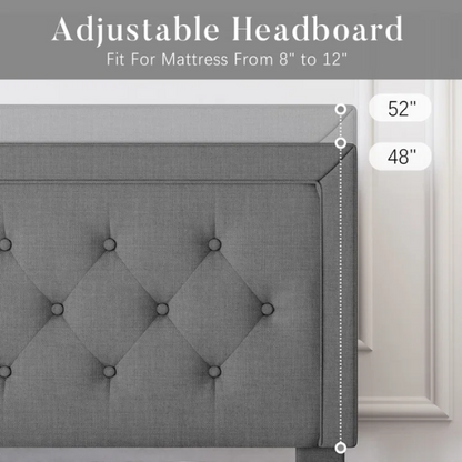 Charcoal grey upholstered queen bed with button-tufted adjustable linen headboard, 8-inch underbed clearance, and sturdy platform frame.


