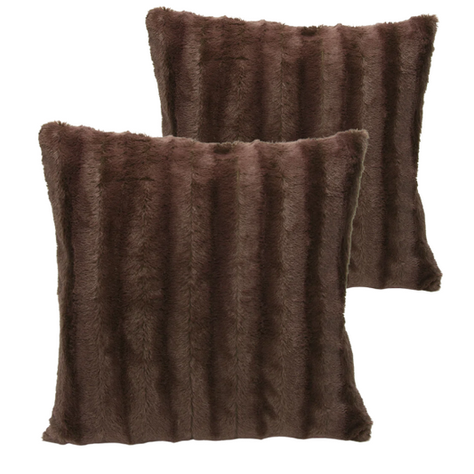 Set of two chocolate brown faux fur throw pillows, 18x18 inches, square decorative cushions with soft microfiber filling—ideal for sofas, beds, and cozy reading corners


