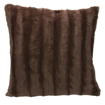 Set of two chocolate brown faux fur throw pillows, 18x18 inches, square decorative cushions with soft microfiber filling—ideal for sofas, beds, and cozy reading corners

