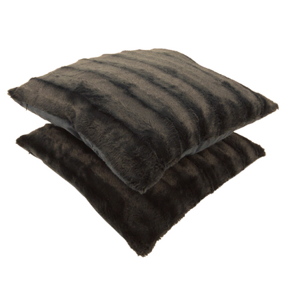 Set of two chocolate brown faux fur throw pillows, 18x18 inches, square decorative cushions with soft microfiber filling—ideal for sofas, beds, and cozy reading corners

