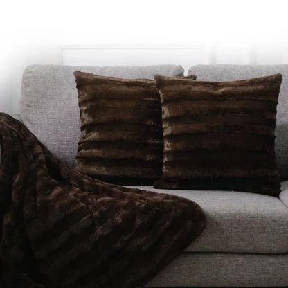 Set of two chocolate brown faux fur throw pillows, 18x18 inches, square decorative cushions with soft microfiber filling—ideal for sofas, beds, and cozy reading corners

