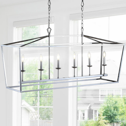 Chrome lantern-style metal pendant light with exposed bulbs and adjustable hanging chain, ideal for kitchen islands or entryways

