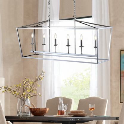 Chrome lantern-style metal pendant light with exposed bulbs and adjustable hanging chain, ideal for kitchen islands or entryways

