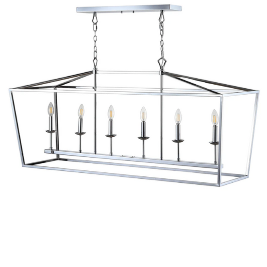 Chrome lantern-style metal pendant light with exposed bulbs and adjustable hanging chain, ideal for kitchen islands or entryways

