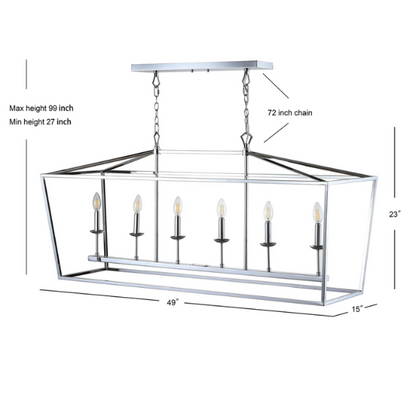 Chrome lantern-style metal pendant light with exposed bulbs and adjustable hanging chain, ideal for kitchen islands or entryways

