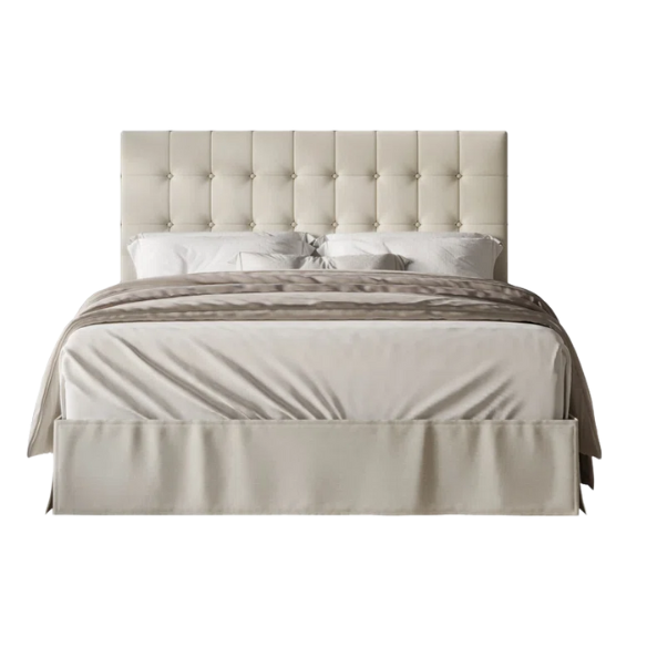 Cream queen bed with tufted wingback headboard and nailhead trim, upholstered in polyester fabric.

