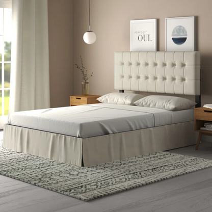 Cream queen bed with tufted wingback headboard and nailhead trim, upholstered in polyester fabric.

