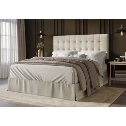 Cream queen bed with tufted wingback headboard and nailhead trim, upholstered in polyester fabric.

