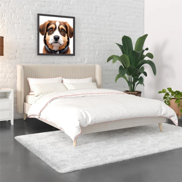 Light cream velvet upholstered queen platform bed with wingback tufted headboard and mid-century angled wood legs.

