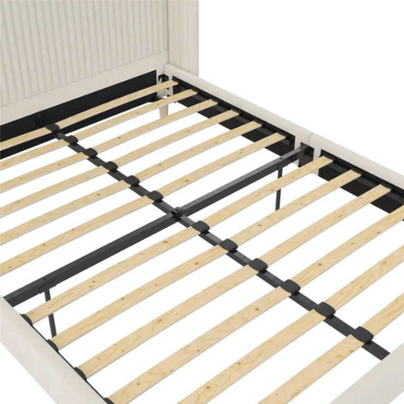 Light cream velvet upholstered queen platform bed with wingback tufted headboard and mid-century angled wood legs.

