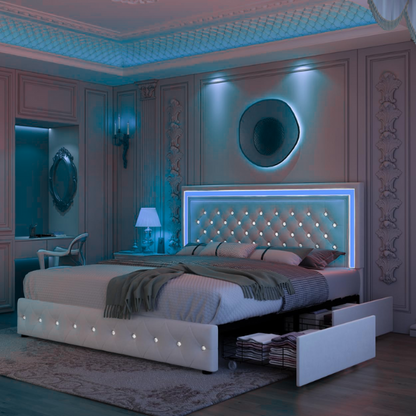 Cream white full size velvet upholstered bed with RGB LED-lit headboard and footboard, four fabric storage drawers, and adjustable tufted headboard