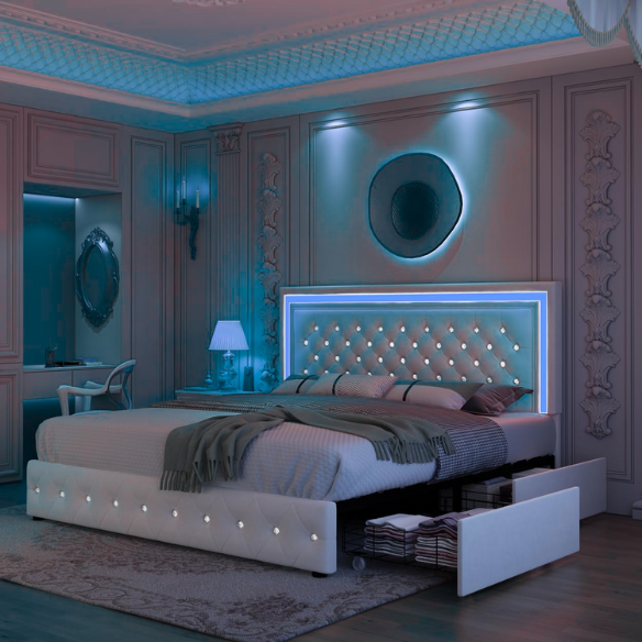 Cream white full size velvet upholstered bed with RGB LED-lit headboard and footboard, four fabric storage drawers, and adjustable tufted headboard