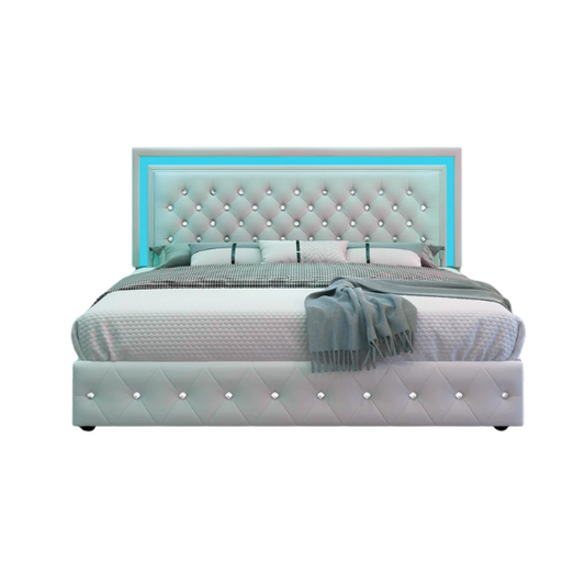 Cream white full size velvet upholstered bed with RGB LED-lit headboard and footboard, four fabric storage drawers, and adjustable tufted headboard