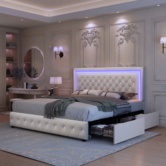 Cream white full size velvet upholstered bed with RGB LED-lit headboard and footboard, four fabric storage drawers, and adjustable tufted headboard