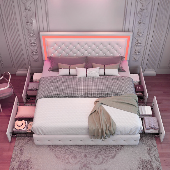 Cream white full size velvet upholstered bed with RGB LED-lit headboard and footboard, four fabric storage drawers, and adjustable tufted headboard
