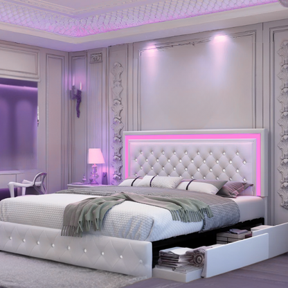 Cream white full size velvet upholstered bed with RGB LED-lit headboard and footboard, four fabric storage drawers, and adjustable tufted headboard