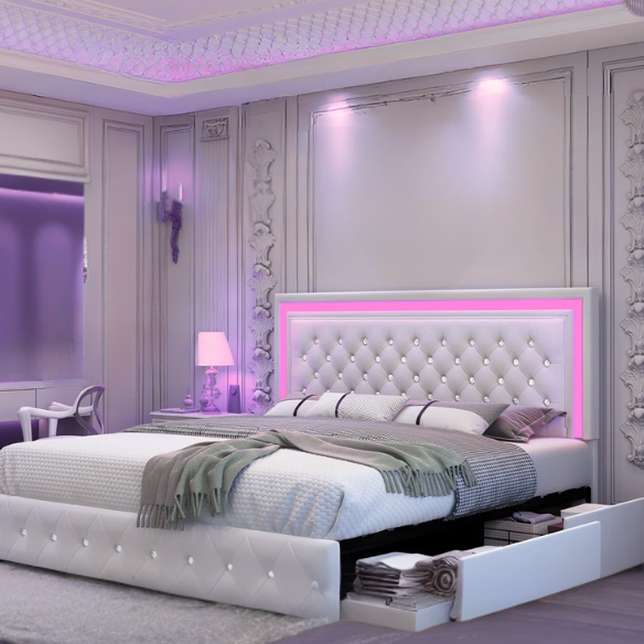 Cream white full size velvet upholstered bed with RGB LED-lit headboard and footboard, four fabric storage drawers, and adjustable tufted headboard