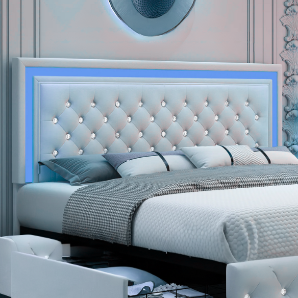 Cream white full size velvet upholstered bed with RGB LED-lit headboard and footboard, four fabric storage drawers, and adjustable tufted headboard