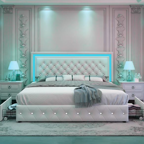 Cream white full size velvet upholstered bed with RGB LED-lit headboard and footboard, four fabric storage drawers, and adjustable tufted headboard