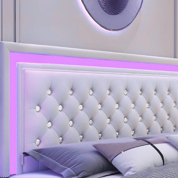 Cream white full size velvet upholstered bed with RGB LED-lit headboard and footboard, four fabric storage drawers, and adjustable tufted headboard