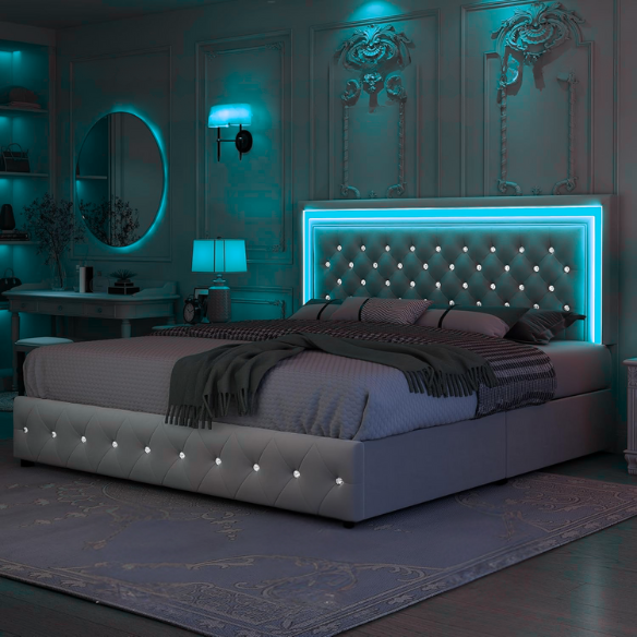 Cream white full size velvet upholstered bed with RGB LED-lit headboard and footboard, four fabric storage drawers, and adjustable tufted headboard
