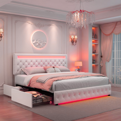 Cream white velvet full size platform bed with adjustable LED tufted headboard, silver nailhead trim, and four underbed storage drawers on wheels