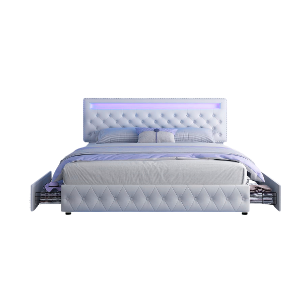 Cream white velvet full size platform bed with adjustable LED tufted headboard, silver nailhead trim, and four underbed storage drawers on wheels