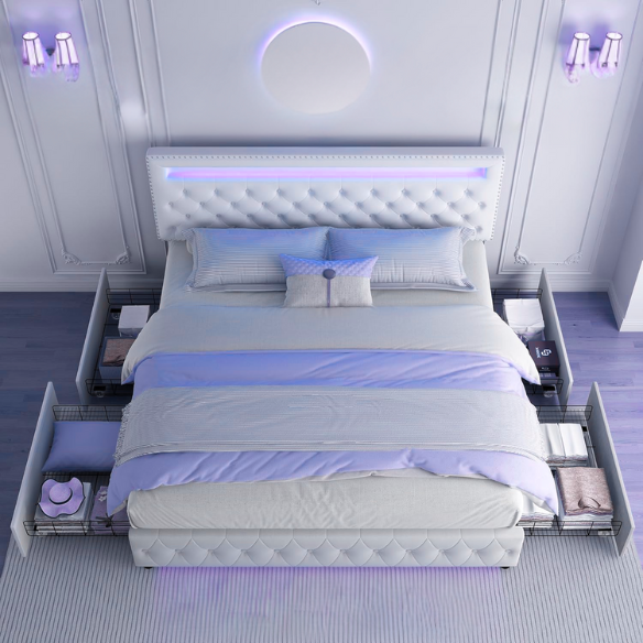 Cream white velvet full size platform bed with adjustable LED tufted headboard, silver nailhead trim, and four underbed storage drawers on wheels