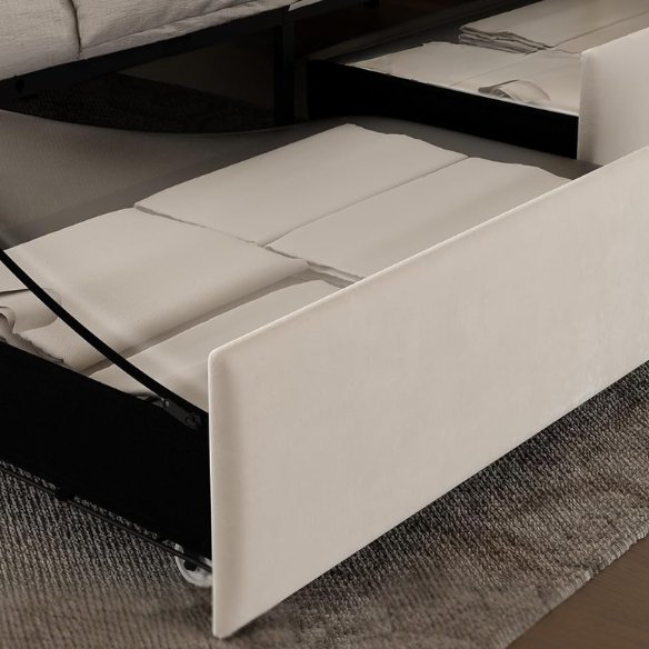 Cream white velvet full size platform bed with adjustable LED tufted headboard, silver nailhead trim, and four underbed storage drawers on wheels