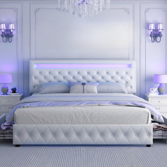 Cream white velvet full size platform bed with adjustable LED tufted headboard, silver nailhead trim, and four underbed storage drawers on wheels