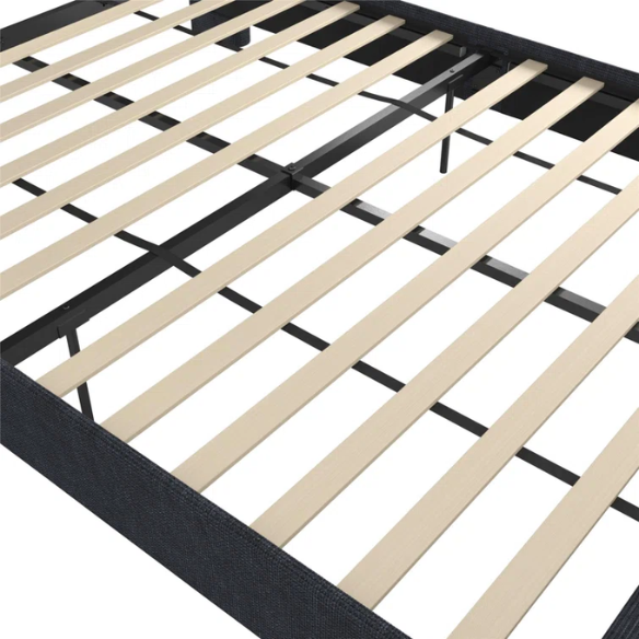 Dark blue canvas queen-size platform bed with tall wingback headboard and black tapered legs.

