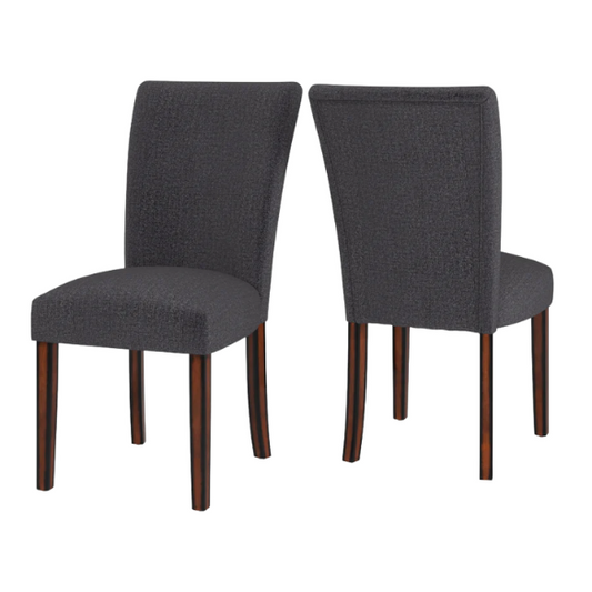 Set of 2 upholstered Parson dining chairs in dark charcoal grey fabric with espresso wood legs and high backs, ideal for formal and casual dining spaces.

