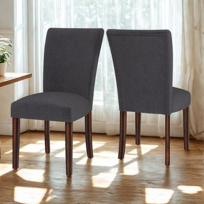 Set of 2 upholstered Parson dining chairs in dark charcoal grey fabric with espresso wood legs and high backs, ideal for formal and casual dining spaces.

