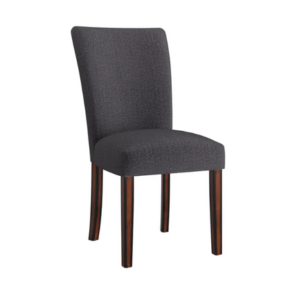 Set of 2 upholstered Parson dining chairs in dark charcoal grey fabric with espresso wood legs and high backs, ideal for formal and casual dining spaces.

