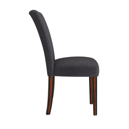 Set of 2 upholstered Parson dining chairs in dark charcoal grey fabric with espresso wood legs and high backs, ideal for formal and casual dining spaces.

